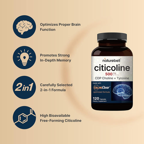 NatureBell Citicoline Supplements, 120 Capsules - CDP Choline 500mg Plus Tyrosine 50mg, Dual Action Brain Supplement