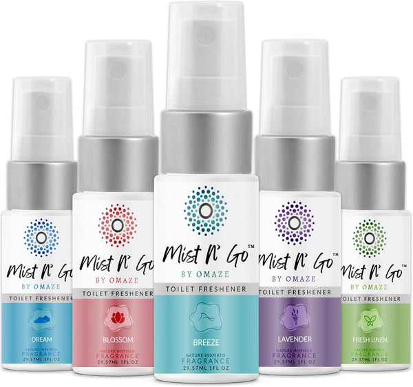 Mist N’ Go by Omaze Travel Bathroom Spray - Toilet Odor Eliminator, Air Freshener, Deodorizer - Travel Size (1oz x5)