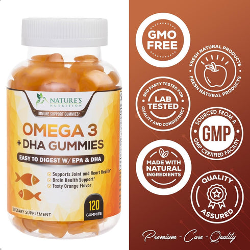 Omega 3 Fish Oil Gummies - 120 Gummies, Heart Healthy Supplement with DHA & EPA for Joint & Brain Support