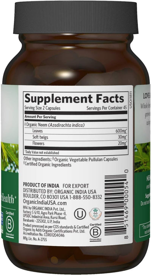 ORGANIC INDIA Neem Herbal Supplement, Supports Skin, Immune, & Liver Health, Detox, Vegan, Gluten-Free, 90 Capsules