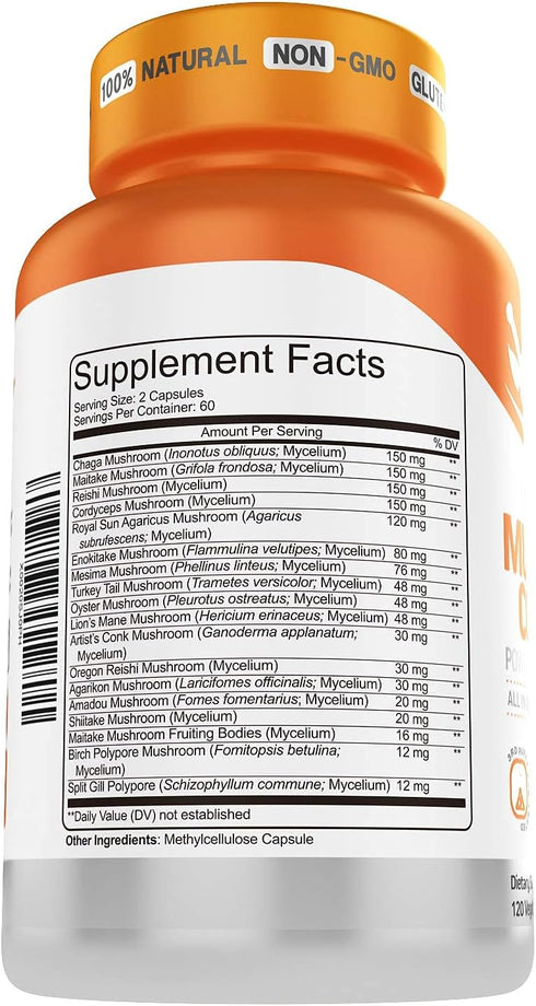Herbtonics Mushroom Nootropic Supplement Complex, Immune System Support & Brain Function, 120 Vegan Capsules
