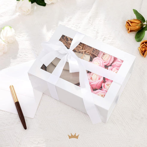 PACKQUEEN White Gift Box with Window, 9x6.5x3.8 Inches, Clear Gift Box with Ribbon and Card