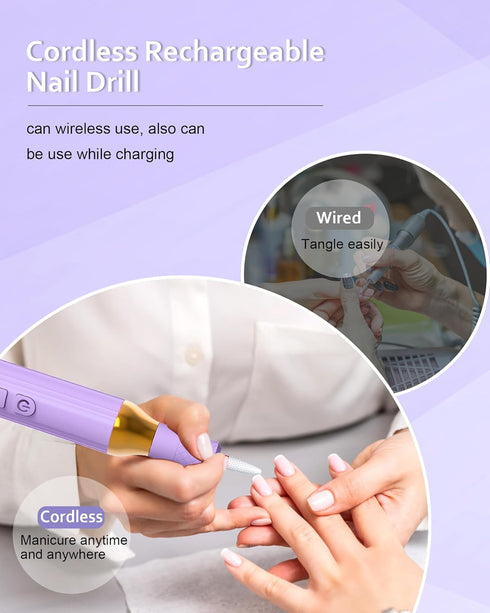Nail Drill, Cordless Electric Files for Gel Nails, Rechargeable Wireless Efile Manicure Kit for Women