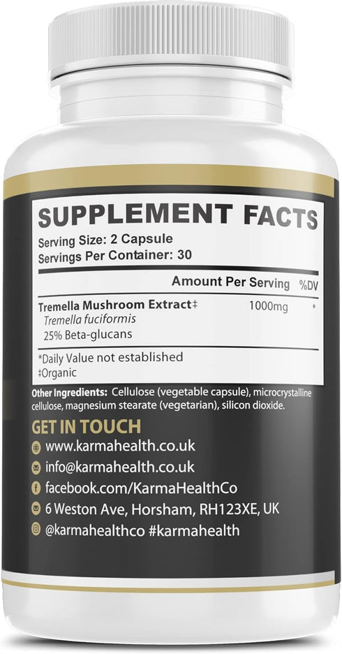 Tremella Mushroom Extract Supplement - Organic Skin Supplement, Compressed Snow Mushroom Powder Capsules, Vegan & GMO