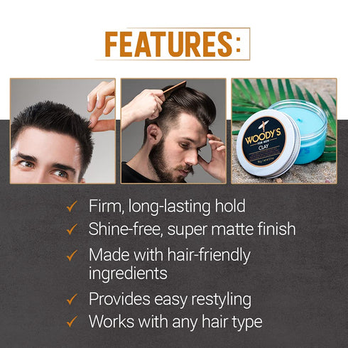 Woody's Clay for Men, Matte Finish with Firm and Flexible Hold, 3.4 oz.