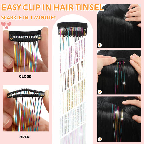 12Pcs Clip in Hair Tinsel, 23.6Inch Pink Glitter Hair Extensions, Heat Resistant Fairy Hair Kit