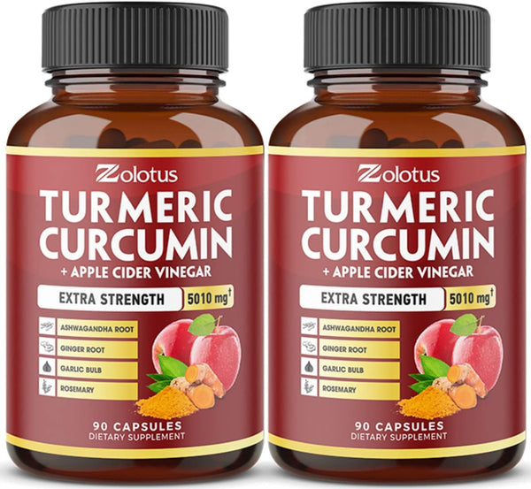 2 Packs Turmeric Curcumin + Apple Cider Vinegar Capsules, 90 Capsules Each, 6 Month Supply with Ashwagandha & Ginger