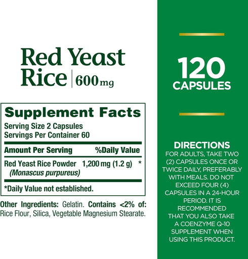 Nature's Bounty Red Yeast Rice Pills, 600mg, 120 Capsules, Herbal Health Supplement