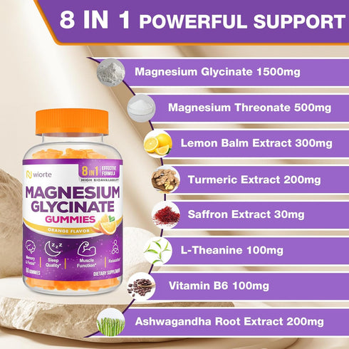Magnesium Glycinate Gummies 1500mg for Adults with Ashwagandha & B6 - Organic Relaxation, Energy & Muscle Support - 60