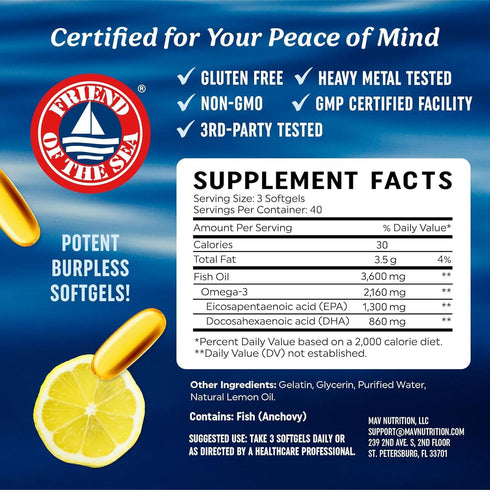 Omega 3 Fish Oil Triple Strength | 3600 mg EPA & DHA | 1300mg EPA + 860mg DHA | 120 Ct Premium Burpless Softgel