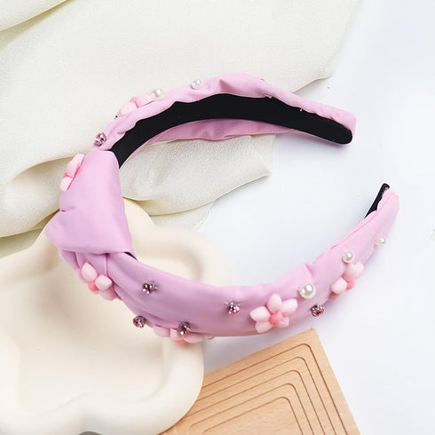 Pink Knotted Headband for Women Girls, Cute Flower Sparkle Rhinestone Floral Jeweled Twisted Hairband Fashion