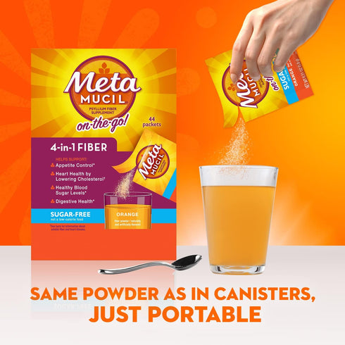 Packets, 44 Packets, 4-in-1 Metamucil On-the-Go Sugar-Free, Psyllium Husk Fiber Supplement, Orange Flavored, Individual