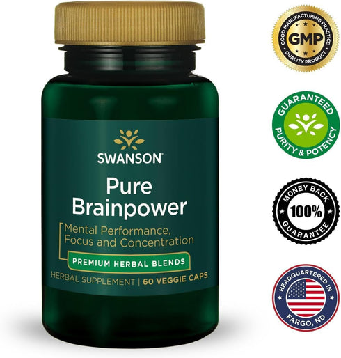 Swanson Pure Brainpower Cognitive Memory Focus Support Supplement, 60 Veggie Capsules with Ginkgo Biloba, Bacopa