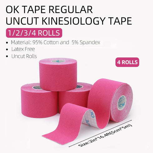 OK TAPE Regular Kinesiology Tape (4 Pack), Original Cotton Athletic Support for Muscle Joint Pain, 2in×16.4ft - Pink.