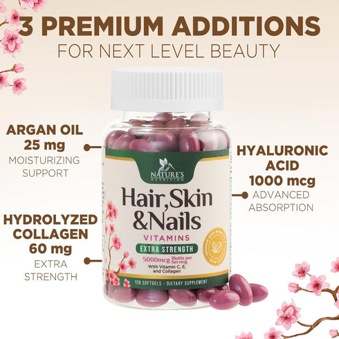 Hair Vitamins for Women - Ultra Strength 5000mcg Biotin Collagen & More - 120 Softgels for Hair Growth, Skin, Nails &