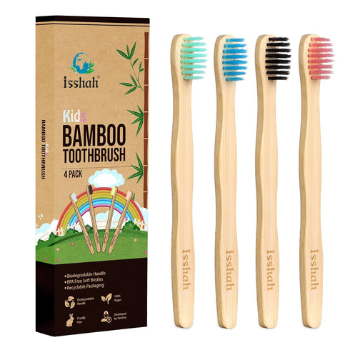 Isshah Kids Bamboo Toothbrushes Biodegradable Handle BPA Free Eco Friendly Children Size,