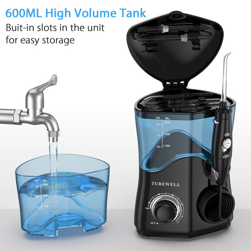 TUREWELL Water Dental Flosser for Teeth/Braces, 8 Jet Tips, 10 Pressure Levels, 600ML Oral Irrigator (Black)