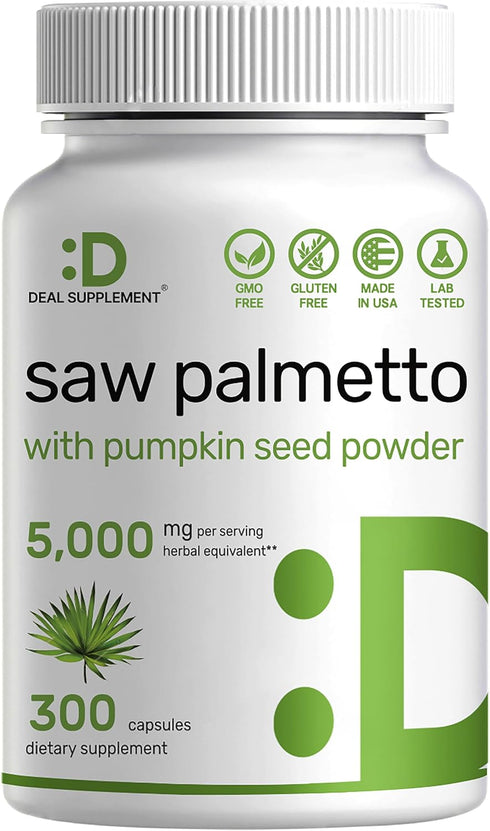 Saw Palmetto Supplement 5000mg with Pumpkin Seed, 300 Capsules, DHT Blocker for Prostate Health & Hair Growth