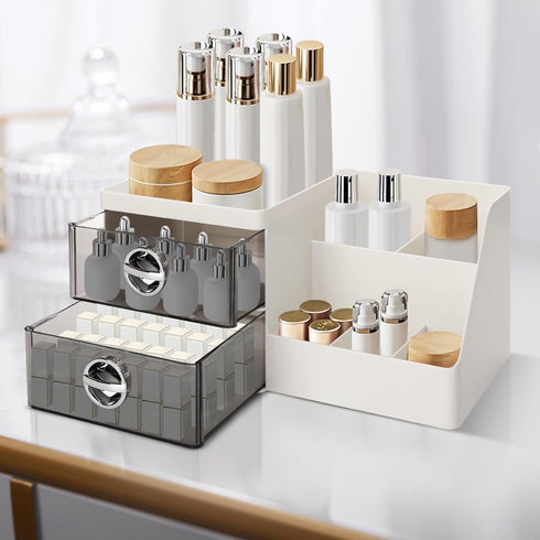 Makeup Organizer with Clear Drawers, Large Capacity Plastic Skincare Organizer for Vanity and Countertop, Gray Drawer
