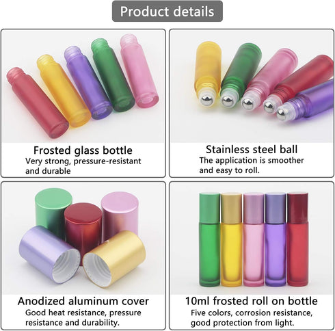 JIUWU 10pcs 10ml Essential Oils Stainless Steel Roller-on Bottles - Refillable Perfume Vials with Droppers