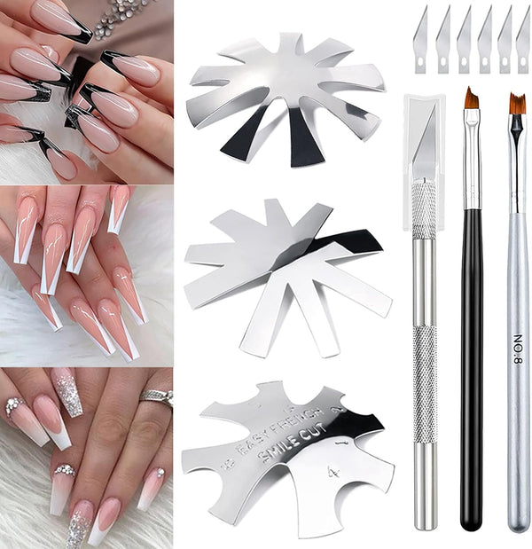 Lokyango French Cutter for Nails, 3pcs French Tip Cutter Set with 2 Brushes, 1 Cutting Knife, 5 Spare Blades
