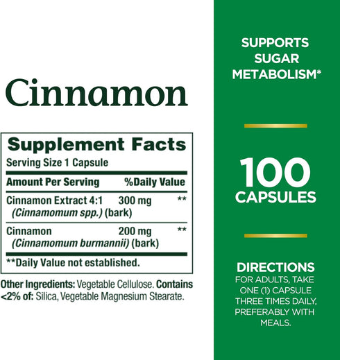 Nature's Bounty Cinnamon Capsules 1500mg, Herbal Supplement for Sugar Metabolism, 100 Capsules