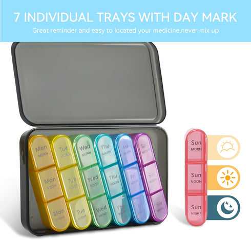 SUMMUE 3 7 Weekly Pill Organizer Times A Day, Day Pill Box Large Compartments Moisture-Proof Pill Case, Daily Portable