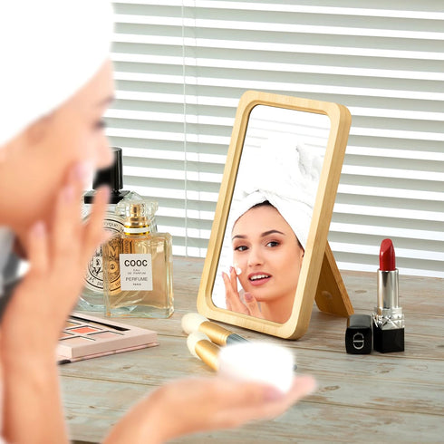 Natural Bamboo Folding Desk Table Mirror - Portable Handheld/Stand Makeup Mirror, 5.1" W x 7.5" L