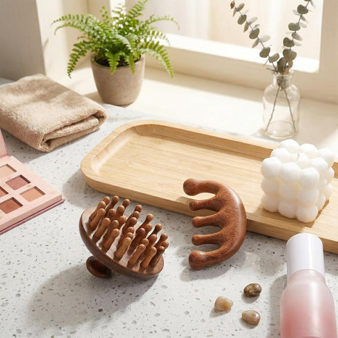 HJZHII 2Pcs Wooden Scalp Massager Comb, Wooden Hair Scrubber Hair Brush Scalp Massage Tool Head Gua Sha Brush Handheld