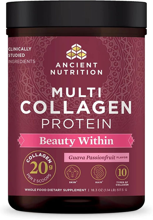 Collagen Powder Protein by Ancient Nutrition, Multi Collagen Protein Beauty Within, Guava Passionfruit, 18.3oz