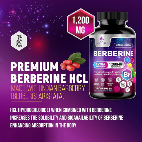 Berberine Supplement 1200mg, High Absorption, Heart Health & Immune Support, 120 Veggie Capsules