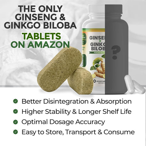 Ginkgo Biloba & Panax Ginseng Supplement, Red Ginseng Brain Supplement for Memory, 60 Tablets