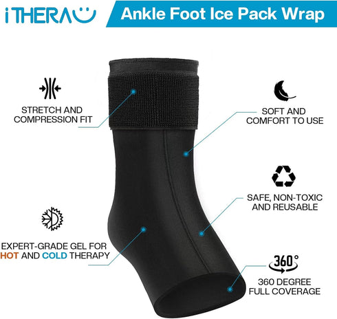 iTHERAU Ankle Ice Wrap 2 Pack for Swelling, Plantar Fasciitis, Foot Pain Relief, Reusable Hot Cold Compress