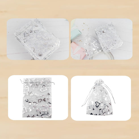QIANHAILIZZ 5 x 7 Inch 100 pcs Heart Flower Organza Jewelry Gift Pouch, Candy Pouch Drawstring Wedding Favor Bags