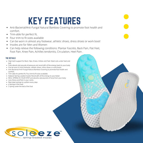 Soleeze Spring Loaded Shoe Inserts Insoles for Men & Women, Shock Absorbers For Your Feet! - Size X Large