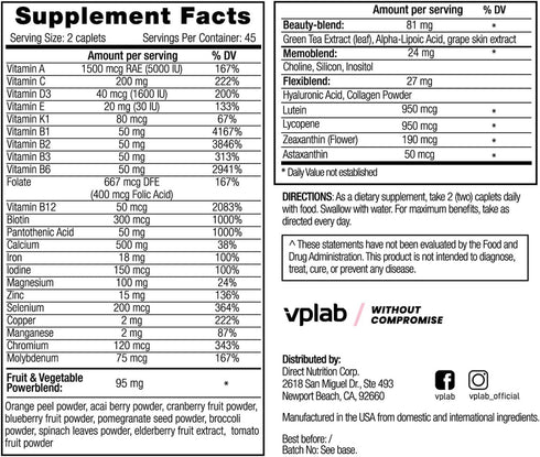 VPLab Ultra Women's Multivitamin Formula - Supplement for Hair, Skin & Nails with Biotin, Iron, Vitamin B, D, C & Zinc, Folate - Essential Daily Vitamins for Women's Health & Wellness, 90 Caplets