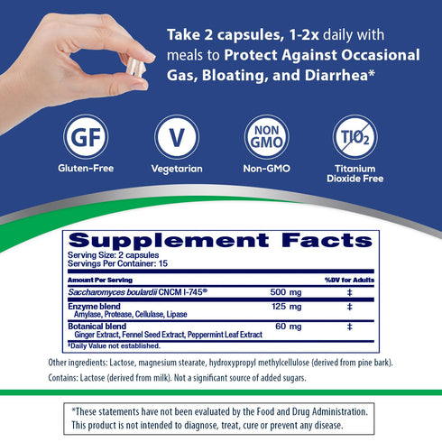 Florastor Advanced Gas & Bloat Probiotic, 30 Capsules, Digestive Enzymes & Botanicals for Digestive Health