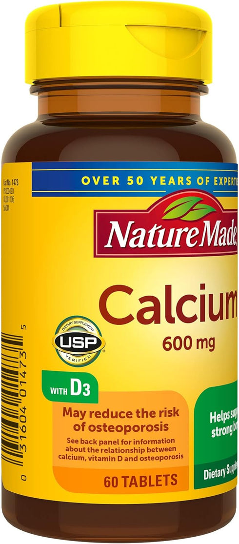 Nature Made Calcium 600 mg with Vitamin D3, 60 Tablets, Dietary Supplement for Bone Support
