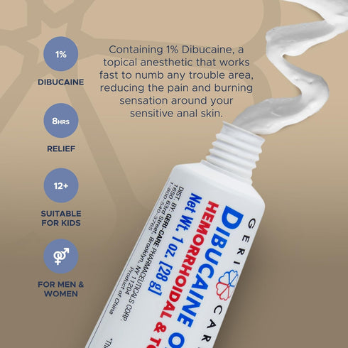 GeriCare Dibucaine Hemorrhoid Ointment 1% Pain-Relief Cream, Quick Relief from Burning & Itching, 1oz