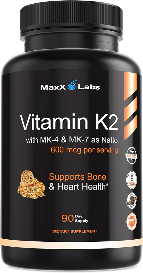 Vitamin K2 Supplement - High Strength K2 600mcg with Vitamin D - Full Spectrum K2-MK7, MK4 - Supports Bone Health - 90