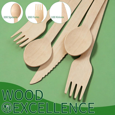 Set, 500 Pack (200 200 100 Compostable Wooden Cutlery Disposable Wood Utensils Spoons, Forks, Knives), Biodegradable