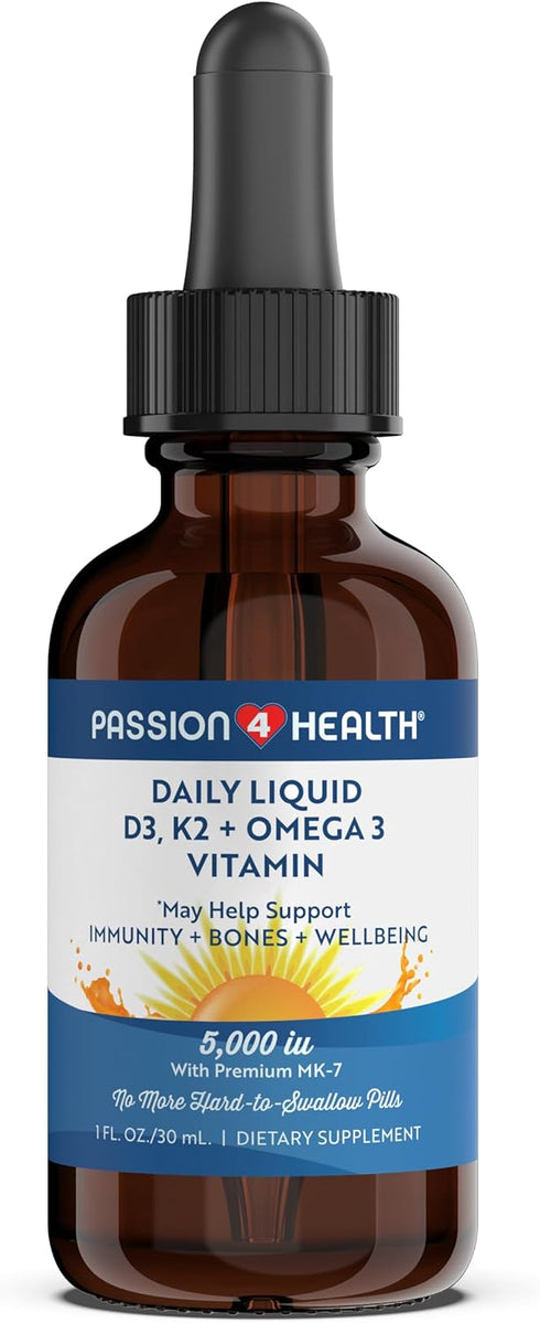 Passion 4 Health Organic Liquid Vitamin D3 K2 + Omega 3 Supplement, 5000IU Liquid Vitamin D Drops