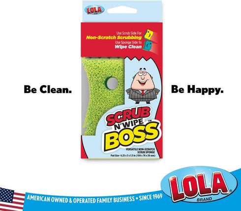 Lola Products Scrub N’ Wipe Boss, Non-Scratch Scrubbing, 2-Sided Sponge, 9 Pack, Made in USA, Remove Debris, Firm in