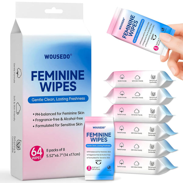 WOUSEDO Feminine Hygiene Wipes for Women, Impossibly Compact Travel Mini Packs, pH Balanced