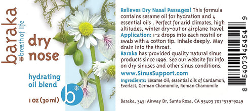 Baraka Dry Nose Nasal Moisturizer - Organic Essential Oils in Sesame Oil Base, 1 oz Dropper