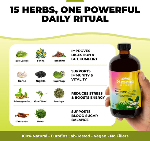 Immune 16 oz Serene Herbs - Soursop Bitters Liquid - Organic Herbal Guanabana Detox with Black Seed, Moringa & Ginger