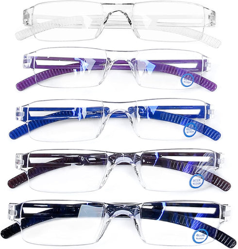 AQWANO 5Pack Computer Reading Glasses - Blue Light Blocking, Clear Frame, Anti Glare Filter, Lightweight Rimless