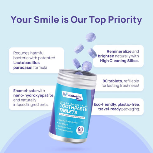 Whitebite Pro Color Correcting Purple Toothpaste Tablets with Nano Hydroxyapatite | Fresh Breath & Natural Whitening |