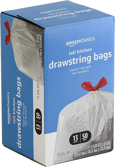 Amazon Basics Flextra Tall Kitchen Drawstring Trash Bags, 13 Gallon, Unscented, 50 Count