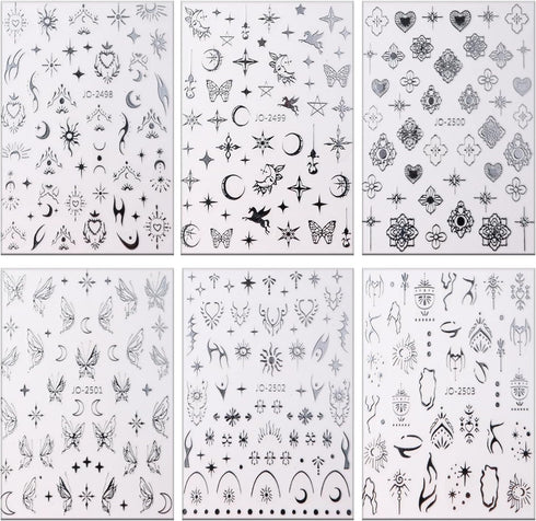 Laser Silver Nail Art Sticker Decal, Sun Moon Butterfly Design, 3D Self-Adhesive Nail Art Supplies, 6 Sheets